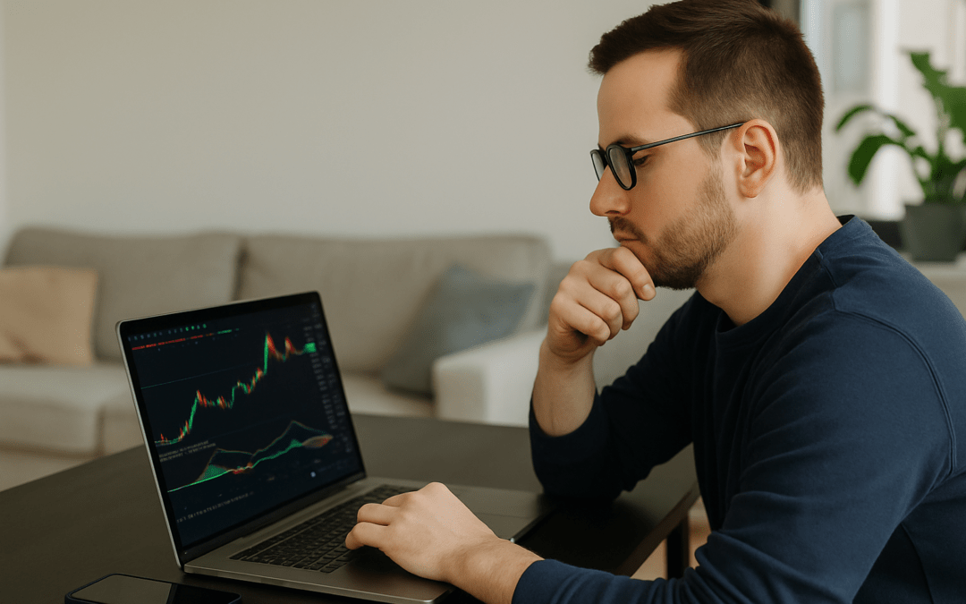 Hombre revisando gráficos de criptomonedas en su laptop desde casa, representando análisis de inversión en 2025.