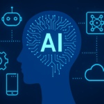 Ilustración conceptual de inteligencia artificial con cerebro digital y conexiones tecnológicas
