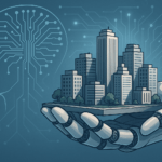 Ilustración de una mano robótica sosteniendo una ciudad inteligente, simbolizando la integración de la inteligencia artificial en la ingeniería civil y la arquitectura
