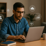Joven colombiano aprendiendo en línea desde casa, rodeado de íconos digitales, representando la transformación profesional en la era digital.