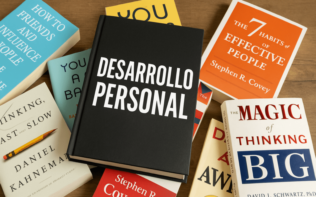 Colección de libros de desarrollo personal sobre una mesa, incluyendo títulos reconocidos para el crecimiento personal.