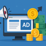 Ilustración de una pantalla con anuncios web, monedas doradas, billetes y un megáfono que simboliza ingresos por publicidad digital.