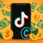 Logo de TikTok en un celular rodeado de billetes y monedas, representando ingresos generados desde el móvil.