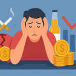 Ilustración de un hombre preocupado con una alcancía rota, monedas, cigarrillos y una botella, representando el impacto de los malos hábitos en las finanzas.